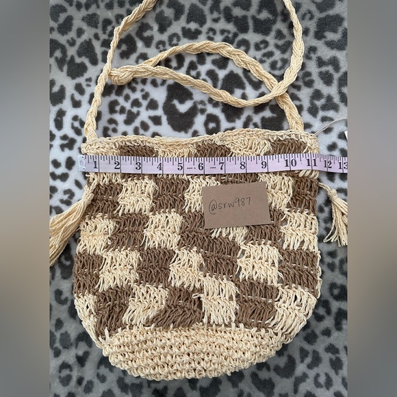 Lu & Elle The Sundrift Tassel Bucket Bag Handwoven Natural Tones Checkered - Picture 11 of 17
